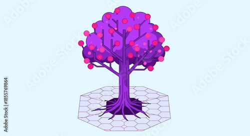 fantasy candy tree illustration with pink lollipops growing on purple branches over hexagonal tiles playful game asset or childrens design