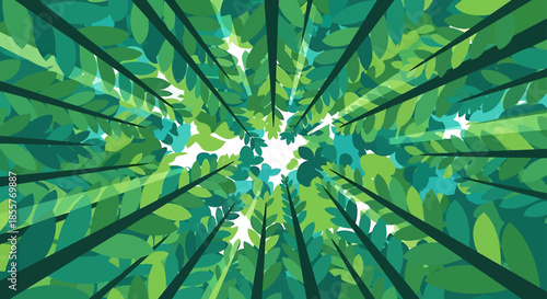 forest canopy illustration with tall trees viewed from below in summer sunlight symbolizing nature conservation and eco friendly concepts