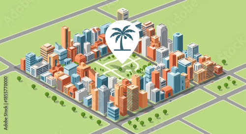 city map location pin highlighting central park in modern downtown district isometric urban planning illustration for real estate and travel apps