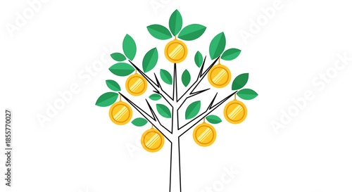 money tree investment growth concept with gold coins growing on branches simple flat vector illustration for finance banking and savings ads