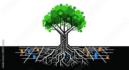 smart city sustainability concept with abstract green tree growing above digital city grid symbolizing urban technology and eco innovation