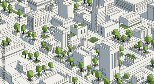 isometric smart city illustration with green urban architecture showing modern buildings streets and trees for eco friendly planning concepts