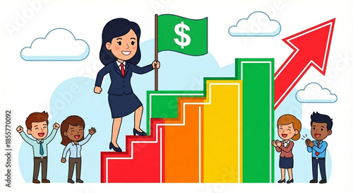 Businesswoman leading the way to success and profit with a supportive team cheering her on