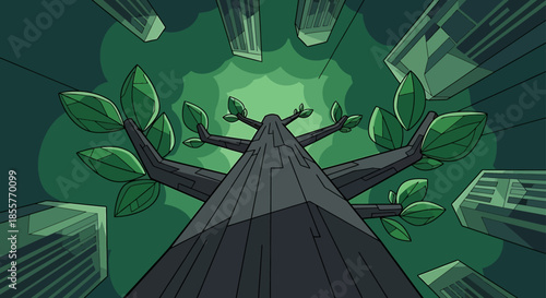 sustainable city concept with giant tree growing among skyscrapers symbolizing urban green energy eco friendly business and climate action