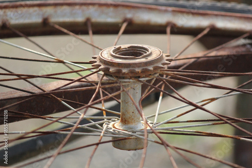 Rusty Bicycle Wheel Hub and Spokes Close-Up Vintage Metal Detail