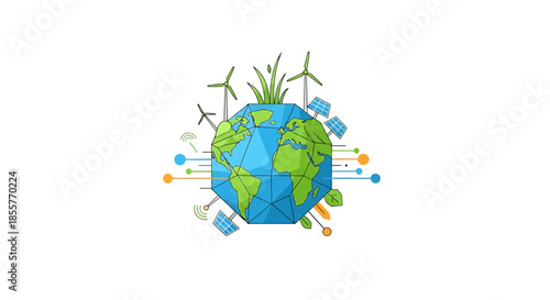 renewable energy earth illustration with wind turbines solar panels and smart technology icons symbolizing global clean power and sustainable future