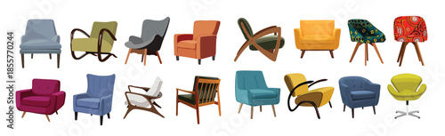 set of different vintage mid century modern armchairs 