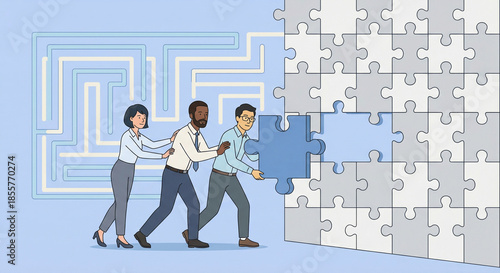 A business team works together to put the final puzzle piece into a collaborative project