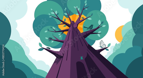 forest ecosystem illustration with tree trunk and wildlife insects and birds in flat style showing biodiversity concept for education and ecology