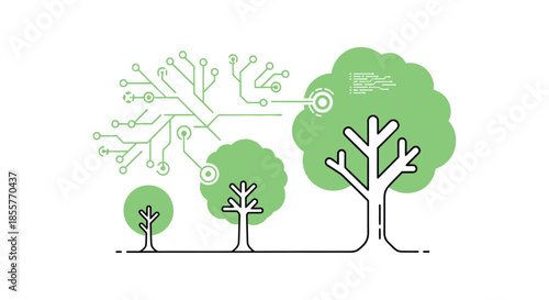 artificial intelligence and nature integration illustrated as growing green trees connected by circuit branches symbolizing eco friendly technology