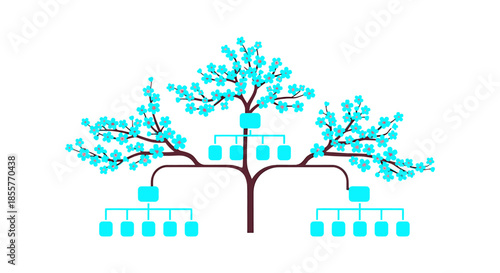 organizational chart tree diagram showing hierarchical structure as a flowering tree concept on white background for business strategy and growth
