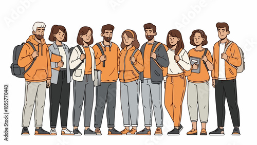 Group of young adults standing together in a line wearing orange and white clothing