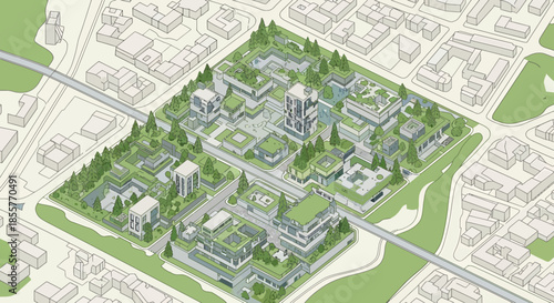 sustainable city masterplan illustration of modern green buildings with rooftop gardens and trees aerial isometric eco district map for urban design projects