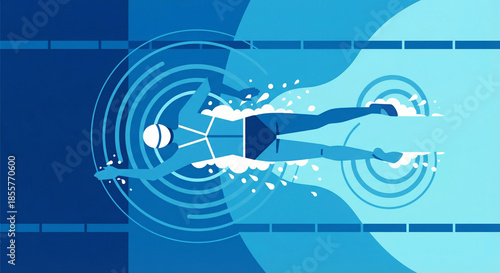 A swimmer with a white cap in a blue pool of water is swimming forward gracefully