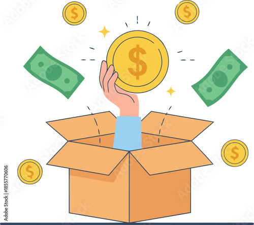 Art & Illustration Cartoon Hand Holding Dollar Coin from Box"  
Descriptive, expressive, and optimized for finance, rewards, and surprise themes.