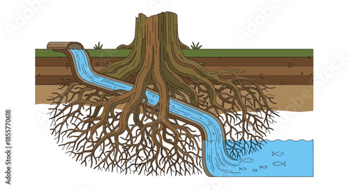 groundwater contamination by tree roots damaging underground sewer pipe and leaking wastewater into river ecosystem for environmental education