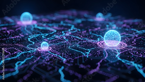 Glowing blue and purple orbs on circuit board with neon lines technology background