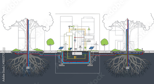 smart city infrastructure diagram showing underground utility network connecting trees renewable energy systems and urban buildings for sustainability projects