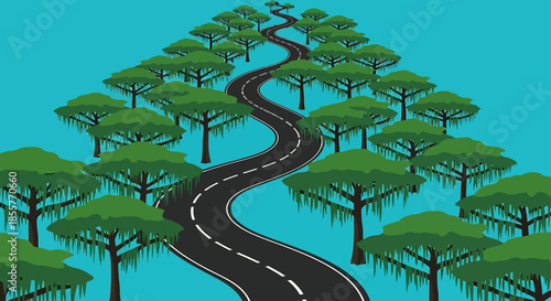 winding road through forest illustration showing curved highway among green trees on turquoise background for journey growth and planning concepts