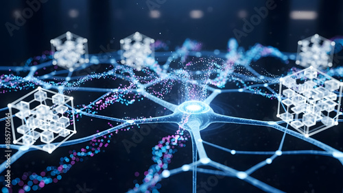 Glowing blue blockchain network with interconnected nodes and particles lines