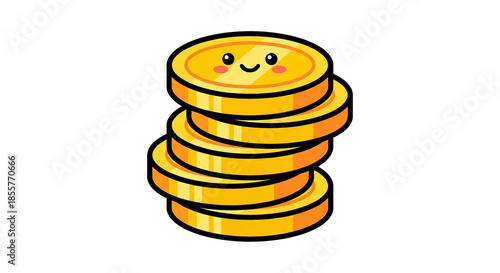 A stack of cute gold coins with a smiley face on top of the pile against white backdrop