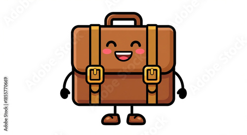 Smiling cartoon briefcase character with handle straps buckles arms and feet