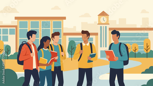 Students gathered outside a modern educational institution with a clock tower, engaged in conversation and holding books.