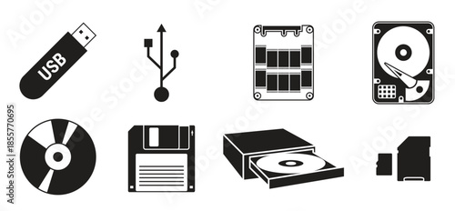 set of isolated black icons on a theme data storage