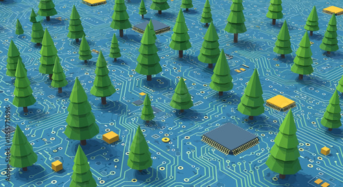 green technology concept forest on electronic circuit board showing trees growing among microchips for sustainability innovation and eco tech branding