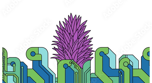 technology nature fusion abstract circuit board plant illustration combining green electronics with purple foliage for eco tech concepts