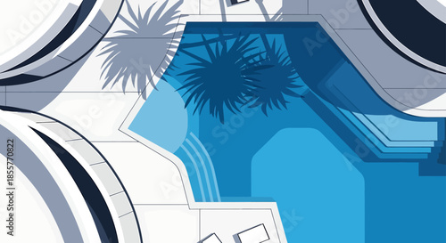 modern swimming pool top view with palm tree shadows and geometric deck shapes abstract summer resort background for travel marketing design