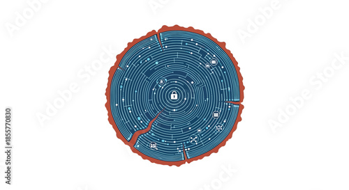 cyber security concept tree ring cross section showing digital circuit labyrinth and padlock icon symbolizing data protection and network privacy