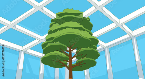 indoor tree illustration under glass roof in modern atrium symbolizing sustainable architecture green office design and eco friendly future