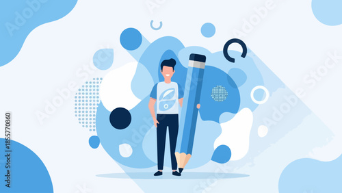 Illustration of a person standing beside a giant pencil surrounded by abstract shapes and designs