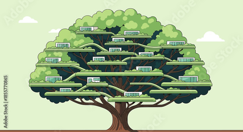 eco friendly treehouse community concept showing modern homes built on giant tree branches symbolizing sustainable living and green architecture