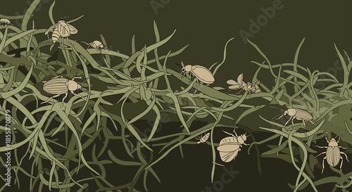 insect pattern background with beetles crawling on abstract grass in muted green tones ideal for nature themed packaging and wallpaper