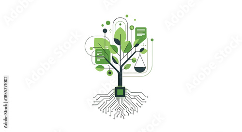 sustainable technology innovation tree growing from microchip circuitry with green leaves icons and data symbols for eco tech concepts