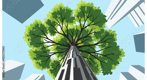 urban green tree perspective concept showing a tall trunk reaching toward the sky between modern city skyscrapers for sustainability campaigns