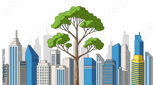 sustainable city concept with large green tree growing among modern skyscrapers symbolizing urban nature eco planning and climate action