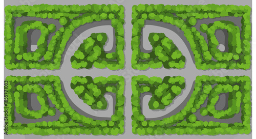 formal garden maze top view illustration showing symmetrical green hedge labyrinth pattern with walking paths for landscape design layouts