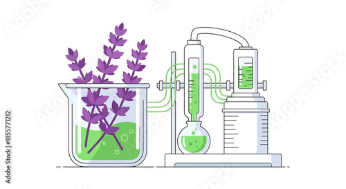 essential oil extraction process with lavender distillation glassware in laboratory setting for natural cosmetics herbal medicine and skincare branding