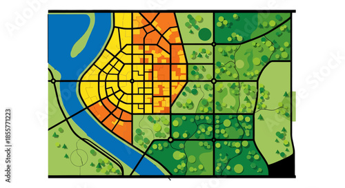 city zoning map with river and green belt showing downtown urban density street grid and land use planning layout for planning reports