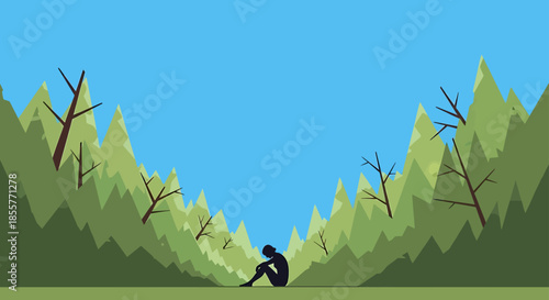 depression and loneliness concept with sad person sitting alone in empty forest clearing under blue sky mental health awareness background