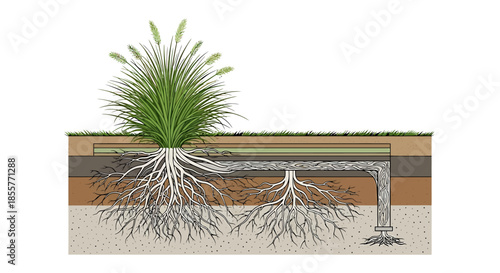 root barrier system illustration showing invasive plant roots redirected by underground barrier wall in layered soil cross section for landscaping design