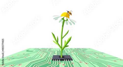 green technology innovation concept with daisy flower growing from microchip and bee pollination on circuit board symbolizing sustainable future