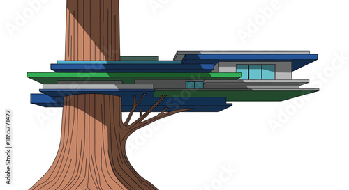 eco treehouse architecture concept showing modern sustainable home built around large trunk with layered decks for green living design