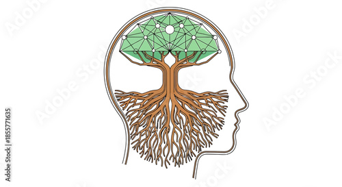 artificial intelligence brain tree concept showing neural network connections growing as branches and roots inside human head outline for education
