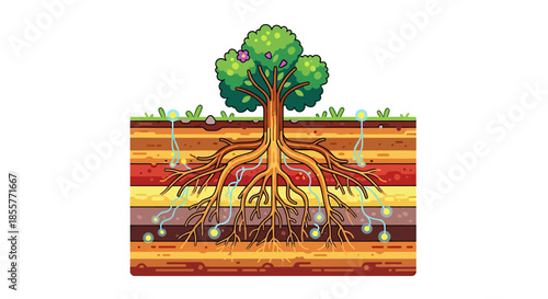 tree root system diagram showing plant roots absorbing water through soil layers in cross section for education biology poster and soil science