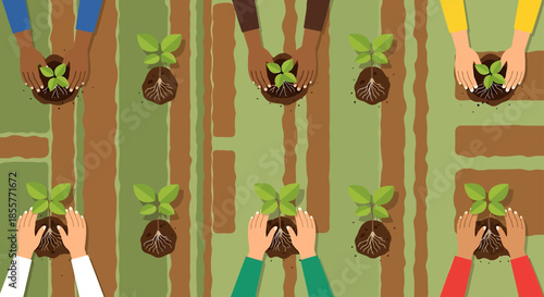 community gardening teamwork hands planting young seedlings in rows top view illustration symbolizing sustainability education and diversity