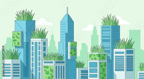 green city skyline with eco friendly skyscrapers featuring rooftop gardens and green walls illustrating sustainable urban development concepts